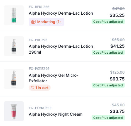 Product list with Cost Plus adjusted pricing